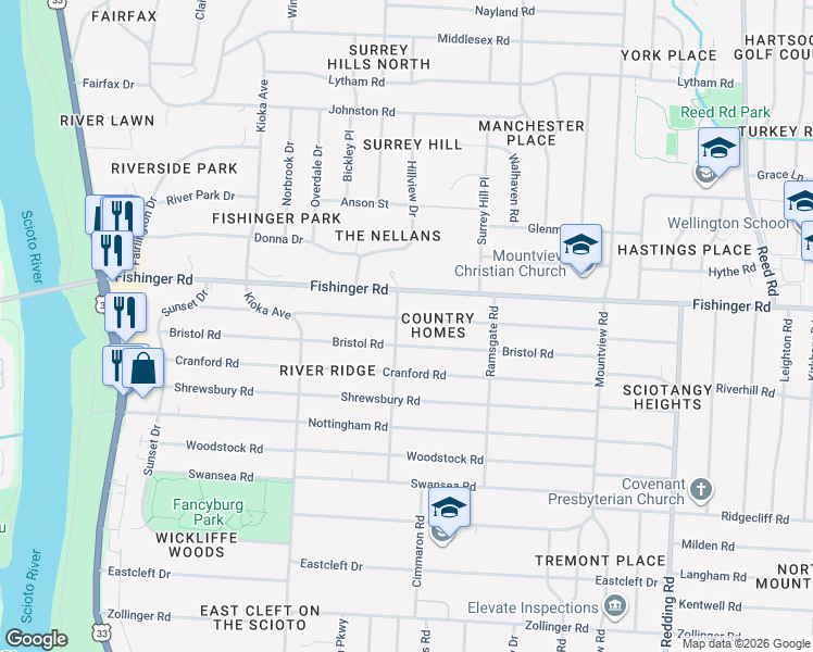 map of restaurants, bars, coffee shops, grocery stores, and more near 2432 Edgevale Road in Columbus