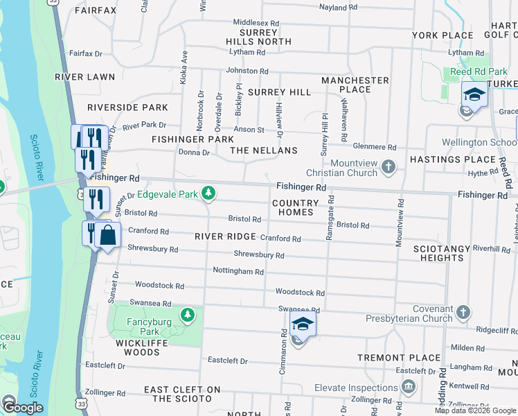 map of restaurants, bars, coffee shops, grocery stores, and more near 2432 Edgevale Road in Columbus