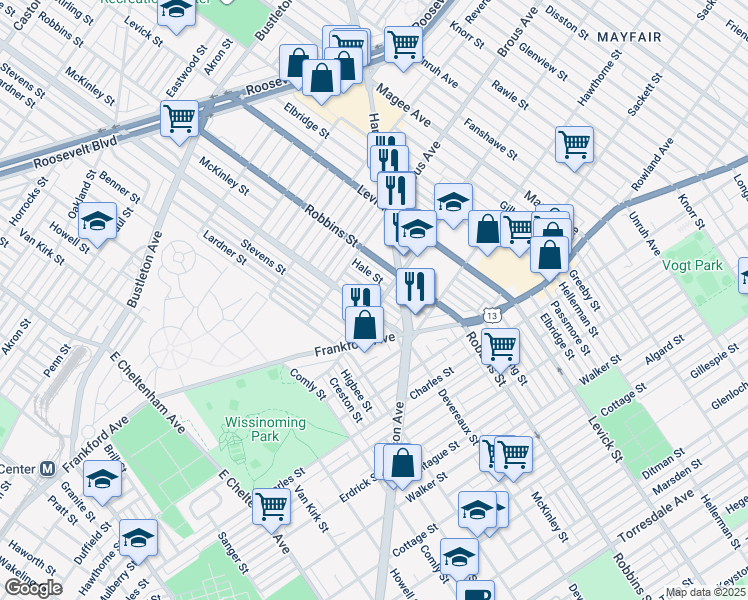 map of restaurants, bars, coffee shops, grocery stores, and more near 2958 McKinley Street in Philadelphia