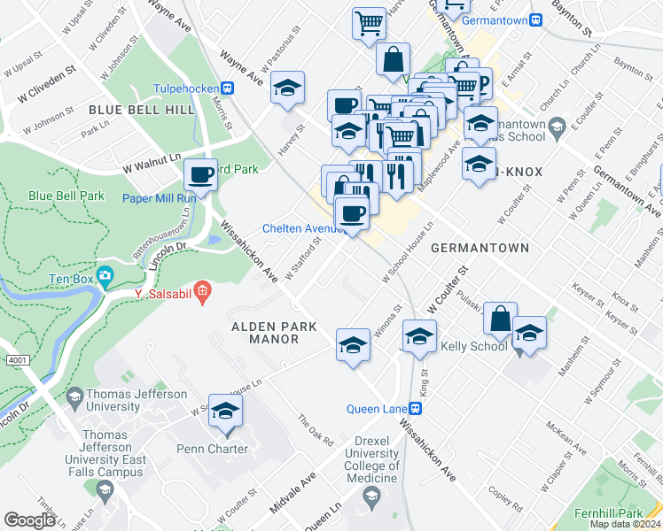 map of restaurants, bars, coffee shops, grocery stores, and more near 410 West Chelten Avenue in Philadelphia