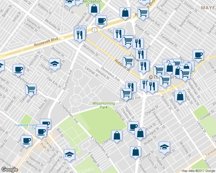 map of restaurants, bars, coffee shops, grocery stores, and more near 2811 Benner Street in Philadelphia