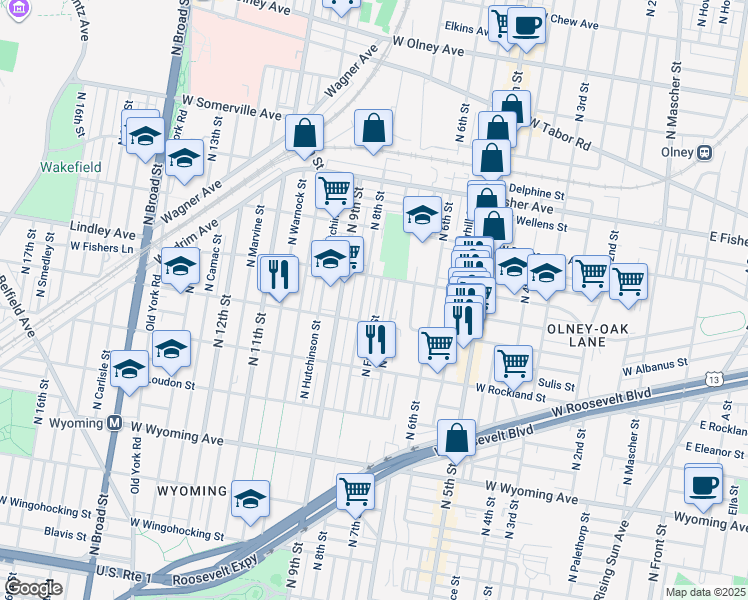 map of restaurants, bars, coffee shops, grocery stores, and more near 5030 North Franklin Street in Philadelphia