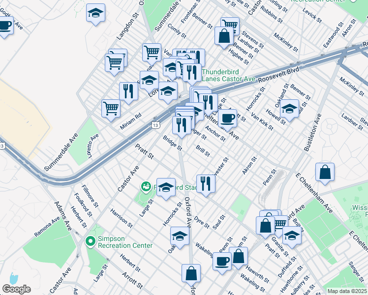 map of restaurants, bars, coffee shops, grocery stores, and more near 5303 Oxford Avenue in Philadelphia