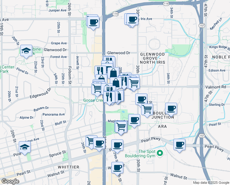 map of restaurants, bars, coffee shops, grocery stores, and more near in Boulder