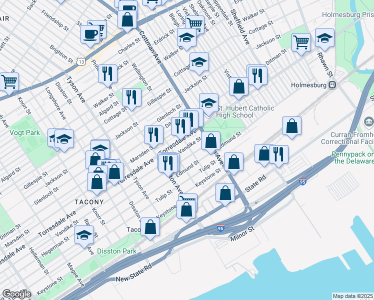 map of restaurants, bars, coffee shops, grocery stores, and more near 4718 Wellington Street in Philadelphia