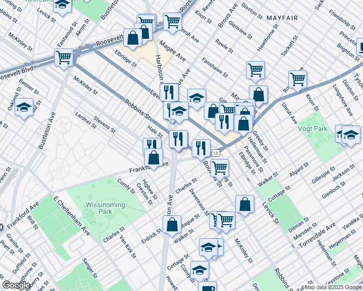 map of restaurants, bars, coffee shops, grocery stores, and more near 3034 Robbins Avenue in Philadelphia