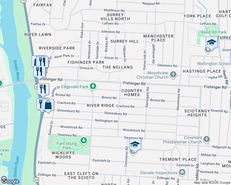 map of restaurants, bars, coffee shops, grocery stores, and more near 2432 Edgevale Road in Columbus
