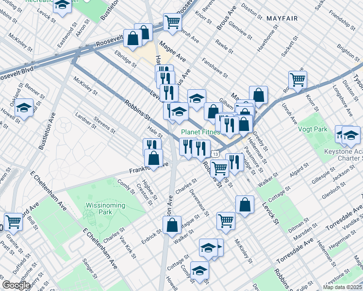 map of restaurants, bars, coffee shops, grocery stores, and more near 3034 Robbins Avenue in Philadelphia