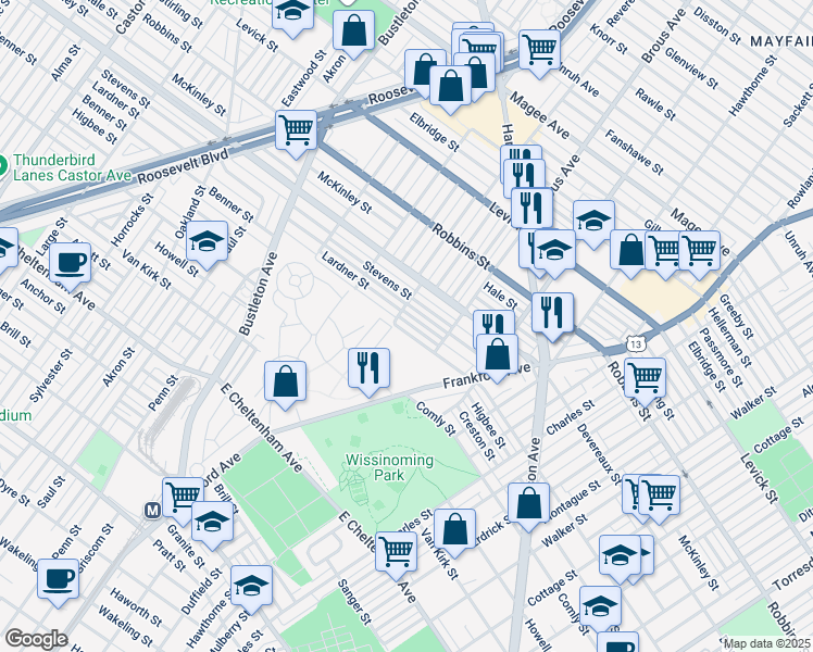 map of restaurants, bars, coffee shops, grocery stores, and more near 2811 Benner Street in Philadelphia