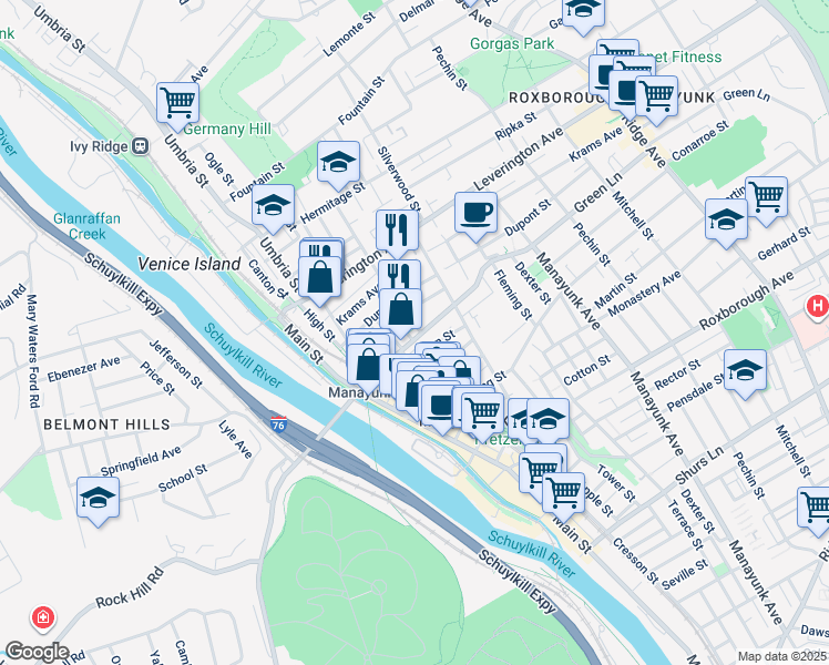 map of restaurants, bars, coffee shops, grocery stores, and more near 168 Green Lane in Philadelphia
