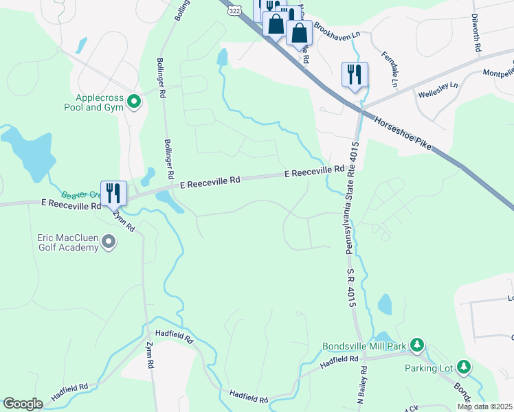 map of restaurants, bars, coffee shops, grocery stores, and more near 412 Mercer Drive in Downingtown