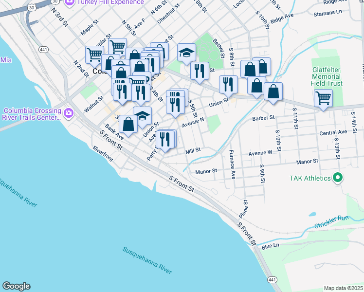 map of restaurants, bars, coffee shops, grocery stores, and more near 282 South 4th Street in Columbia