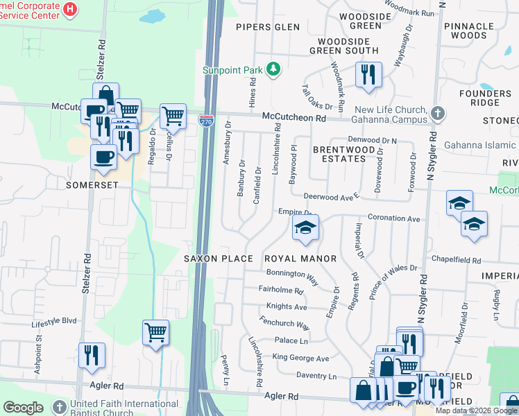 map of restaurants, bars, coffee shops, grocery stores, and more near 381 Canfield Drive in Gahanna