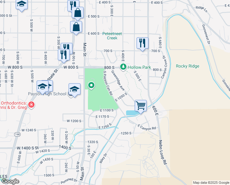 map of restaurants, bars, coffee shops, grocery stores, and more near 298 East 950 South in Payson