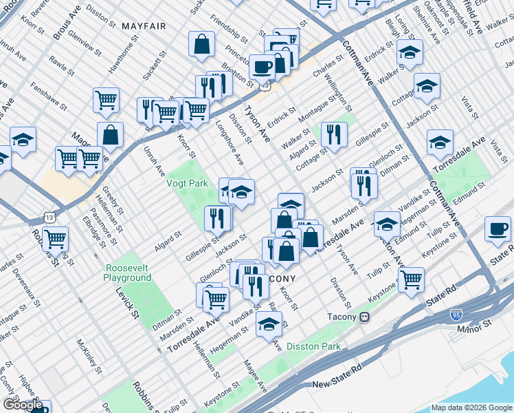 map of restaurants, bars, coffee shops, grocery stores, and more near 6826 Cottage Street in Philadelphia