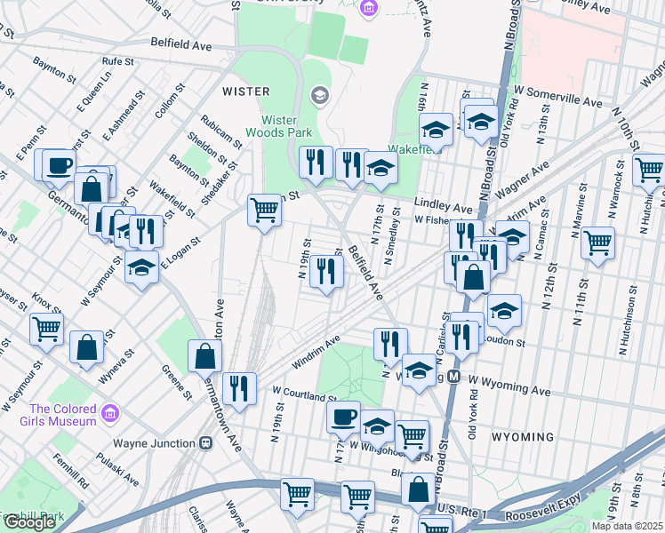 map of restaurants, bars, coffee shops, grocery stores, and more near 1832 Sulis Street in Philadelphia