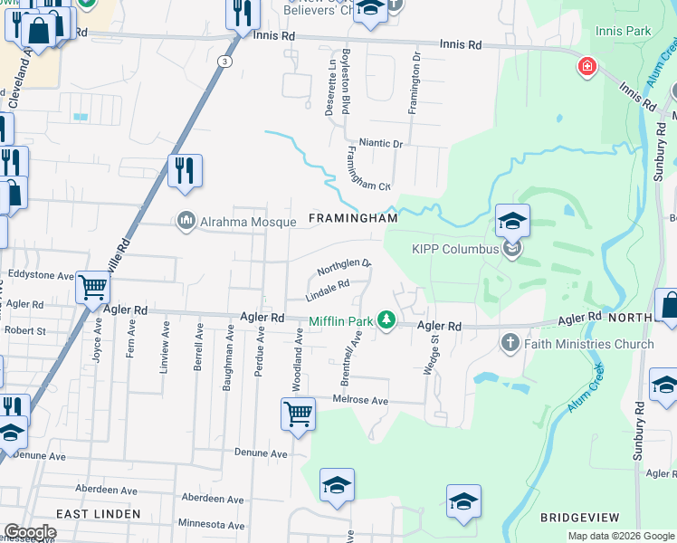 map of restaurants, bars, coffee shops, grocery stores, and more near 2388 Northglen Drive in Columbus