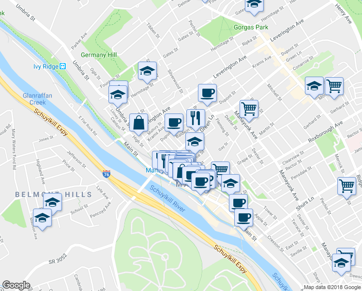 map of restaurants, bars, coffee shops, grocery stores, and more near 168 Green Lane in Philadelphia