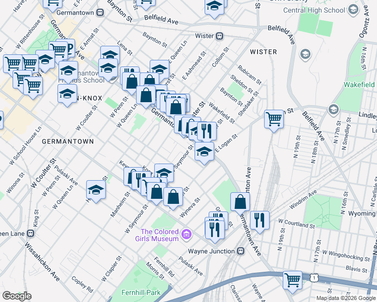 map of restaurants, bars, coffee shops, grocery stores, and more near Portico Street in Philadelphia