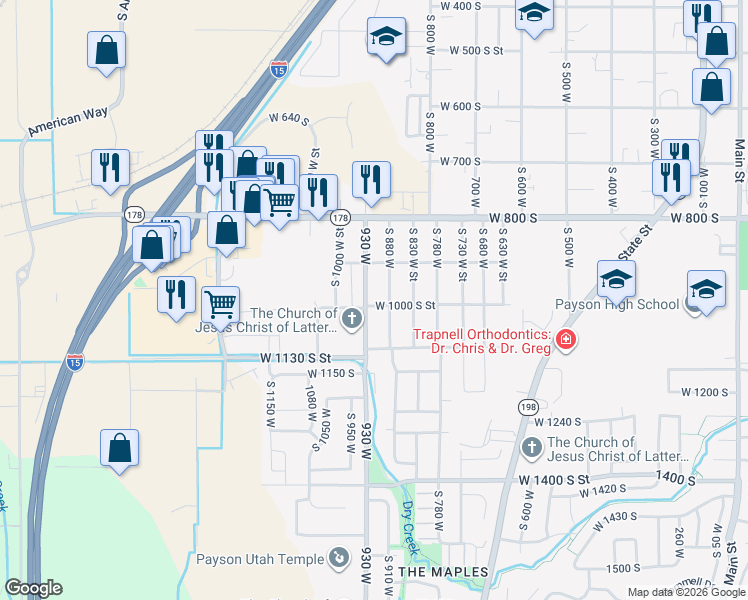 map of restaurants, bars, coffee shops, grocery stores, and more near 991 South 930 West in Payson