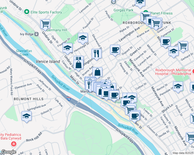 map of restaurants, bars, coffee shops, grocery stores, and more near 4514 Ritchie Street in Philadelphia