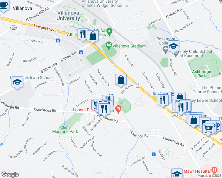 map of restaurants, bars, coffee shops, grocery stores, and more near 39 Lowrys Lane in Bryn Mawr