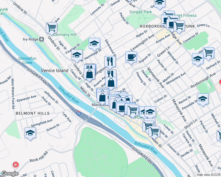 map of restaurants, bars, coffee shops, grocery stores, and more near 4514 Ritchie Street in Philadelphia