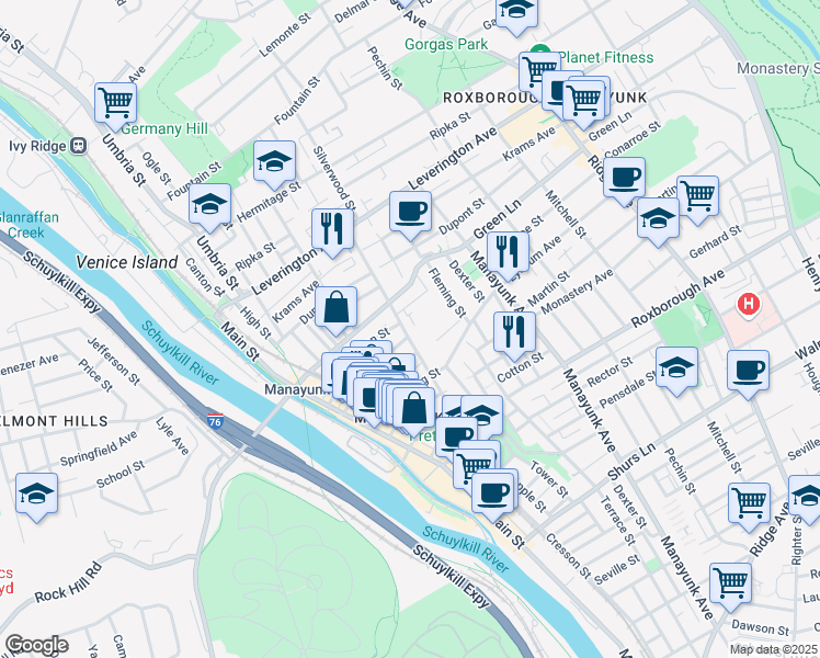 map of restaurants, bars, coffee shops, grocery stores, and more near 4457 Silverwood Street in Philadelphia