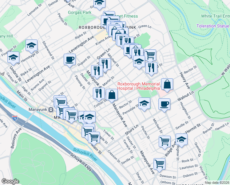 map of restaurants, bars, coffee shops, grocery stores, and more near 4328 Pechin Street in Philadelphia