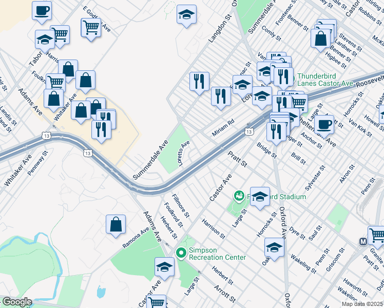 map of restaurants, bars, coffee shops, grocery stores, and more near 5011 Miriam Road in Philadelphia