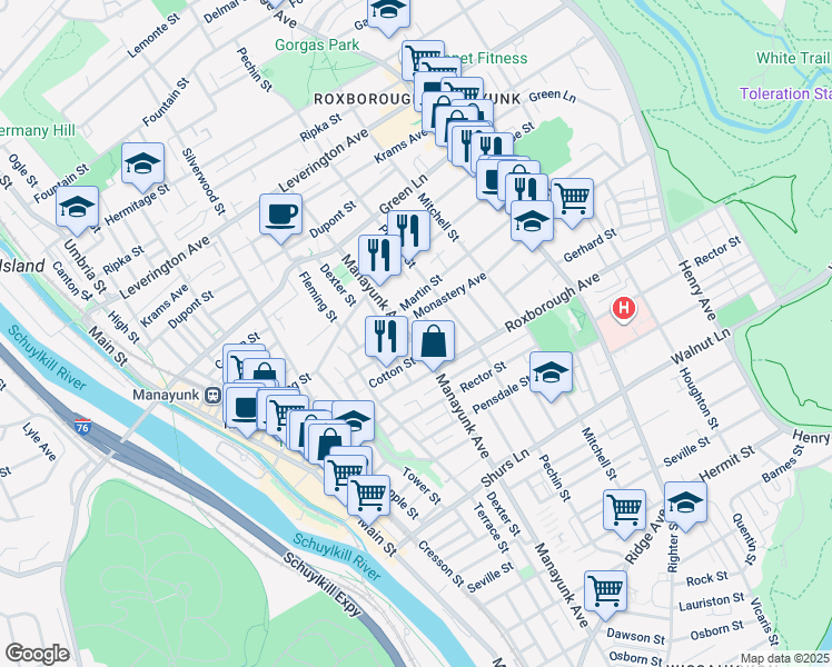 map of restaurants, bars, coffee shops, grocery stores, and more near 4339 Manayunk Avenue in Philadelphia