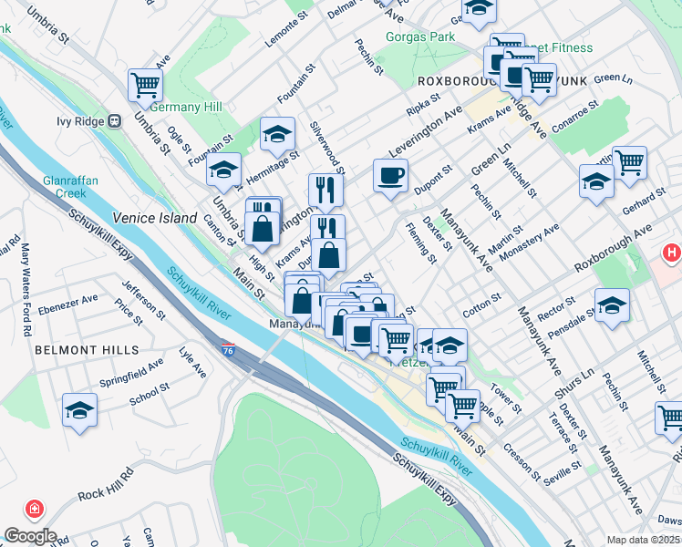 map of restaurants, bars, coffee shops, grocery stores, and more near 170 Green Lane in Philadelphia
