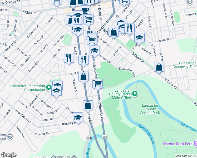map of restaurants, bars, coffee shops, grocery stores, and more near 539 South Queen Street in Lancaster