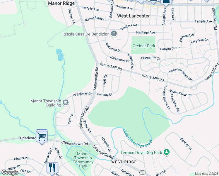 map of restaurants, bars, coffee shops, grocery stores, and more near 616 Bermuda Road in Lancaster