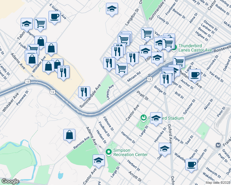 map of restaurants, bars, coffee shops, grocery stores, and more near 5011 Miriam Road in Philadelphia