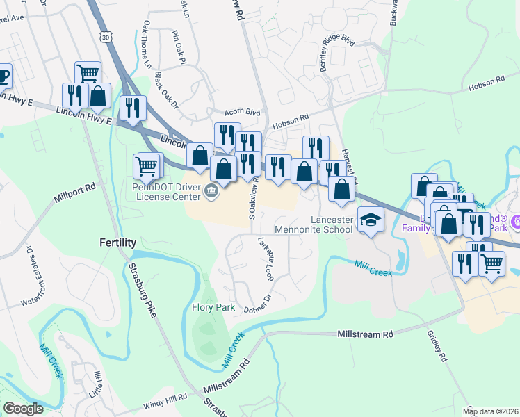 map of restaurants, bars, coffee shops, grocery stores, and more near 343 Greenland Drive in Lancaster