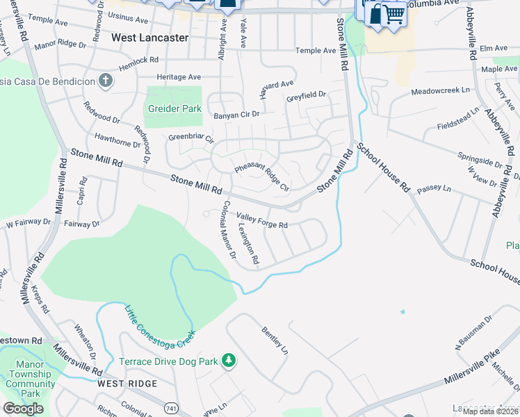 map of restaurants, bars, coffee shops, grocery stores, and more near 1706 Stone Mill Road in Lancaster