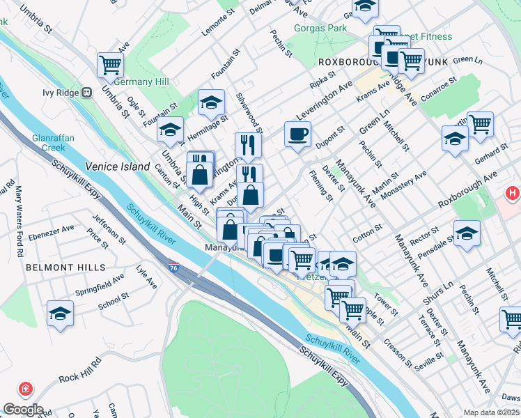 map of restaurants, bars, coffee shops, grocery stores, and more near 170 Green Lane in Philadelphia