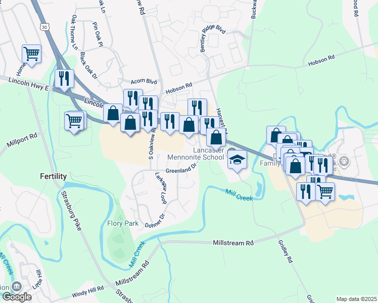 map of restaurants, bars, coffee shops, grocery stores, and more near 149 Greenland Drive in Lancaster