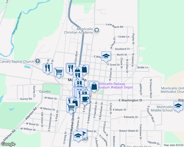 map of restaurants, bars, coffee shops, grocery stores, and more near 119 East Lincoln Street in Monticello