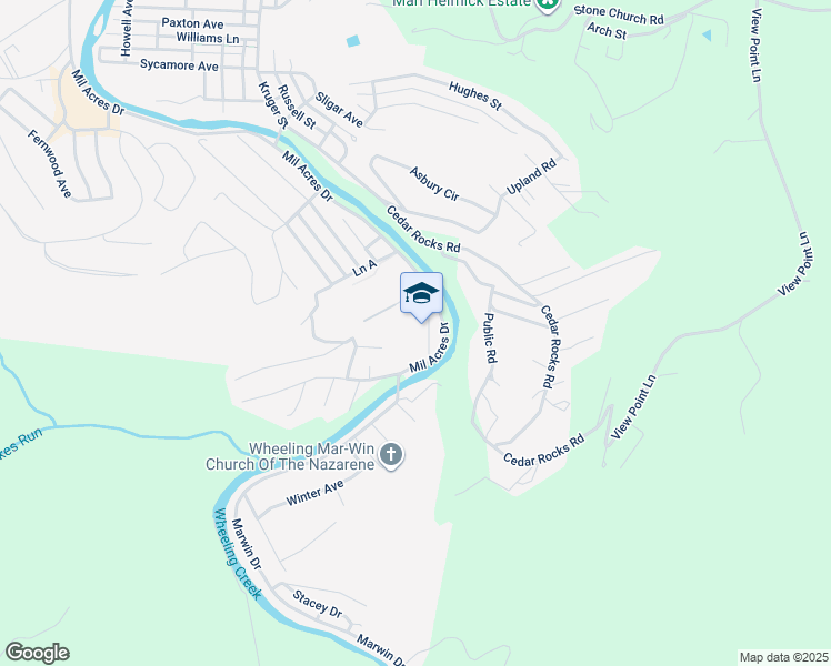 map of restaurants, bars, coffee shops, grocery stores, and more near 85 Mil Acres Drive in Wheeling