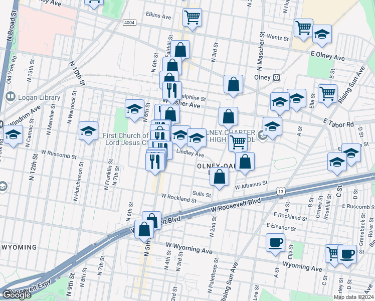 map of restaurants, bars, coffee shops, grocery stores, and more near 325 Lindley Avenue in Philadelphia