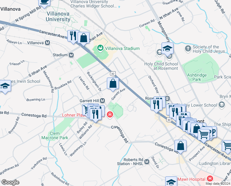 map of restaurants, bars, coffee shops, grocery stores, and more near 28 Garrett Avenue in Bryn Mawr