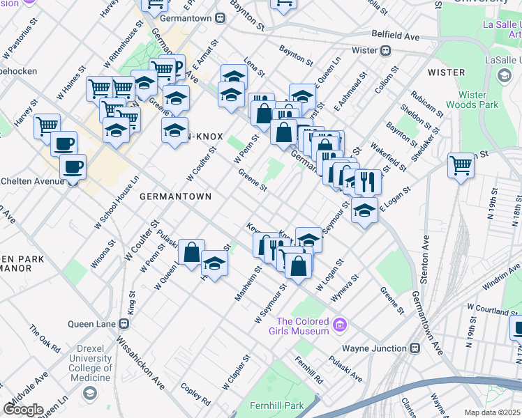 map of restaurants, bars, coffee shops, grocery stores, and more near 132 Hansberry Street in Philadelphia