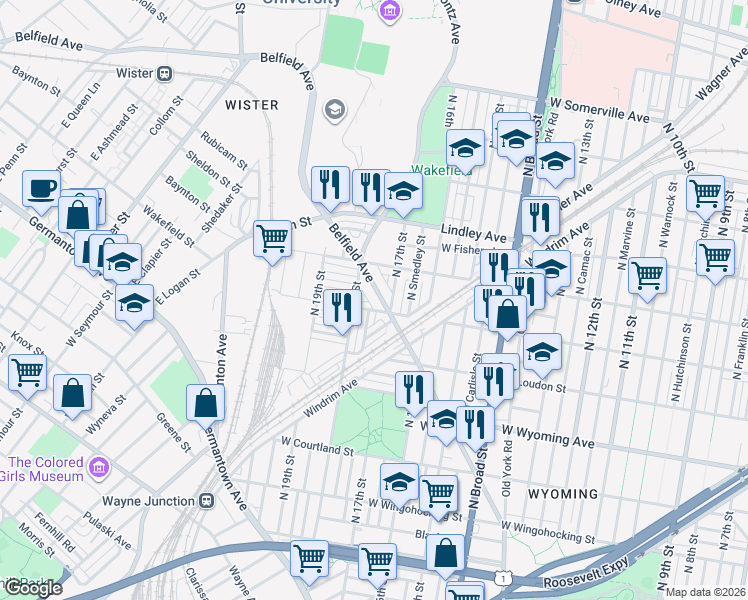 map of restaurants, bars, coffee shops, grocery stores, and more near 1734 Belfield Avenue in Philadelphia