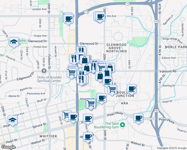 map of restaurants, bars, coffee shops, grocery stores, and more near 2940 Valmont Road in Boulder