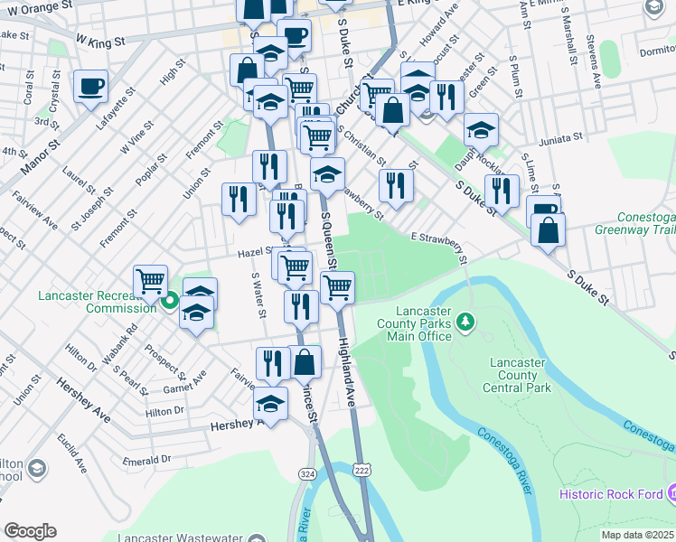 map of restaurants, bars, coffee shops, grocery stores, and more near 539 South Queen Street in Lancaster