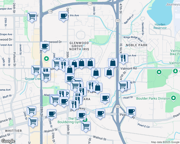 map of restaurants, bars, coffee shops, grocery stores, and more near 3400 Valmont Road in Boulder