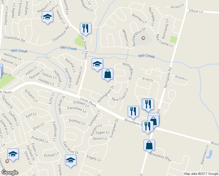 map of restaurants, bars, coffee shops, grocery stores, and more near 44 Nottingham Drive in Willingboro