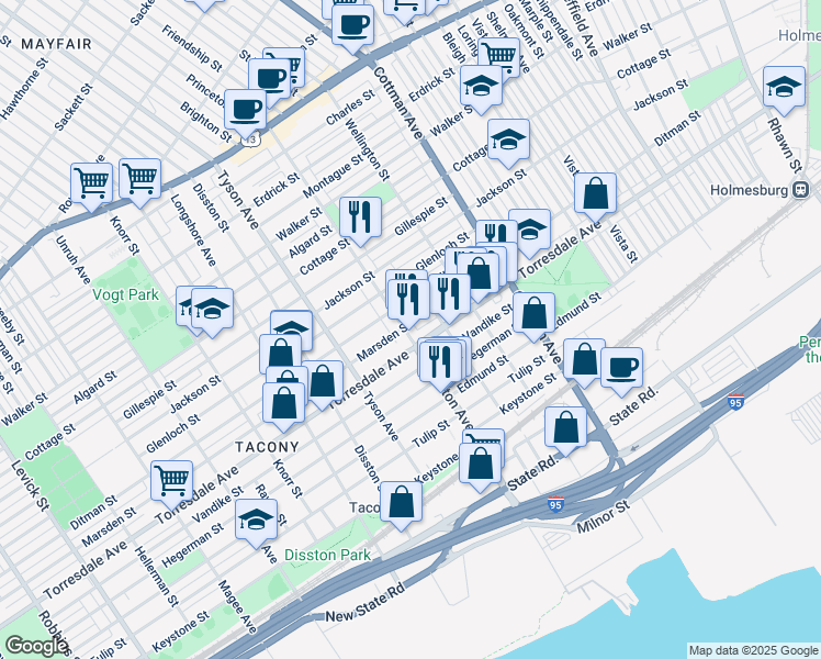 map of restaurants, bars, coffee shops, grocery stores, and more near 7108 Marsden Street in Philadelphia